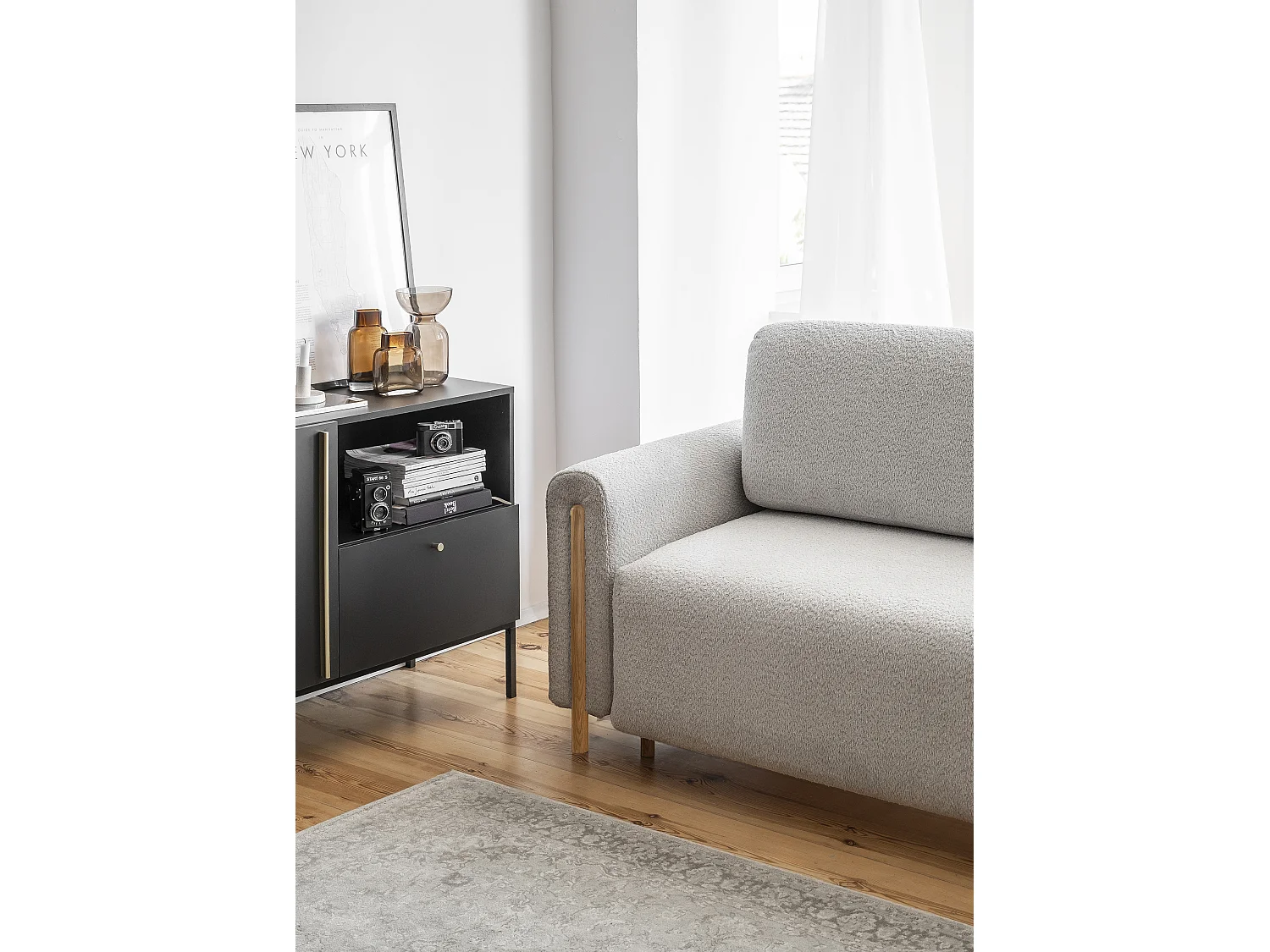 Canapé convertible en tissu bouclette DOVA - Pieds bois massif naturel-Gris clair