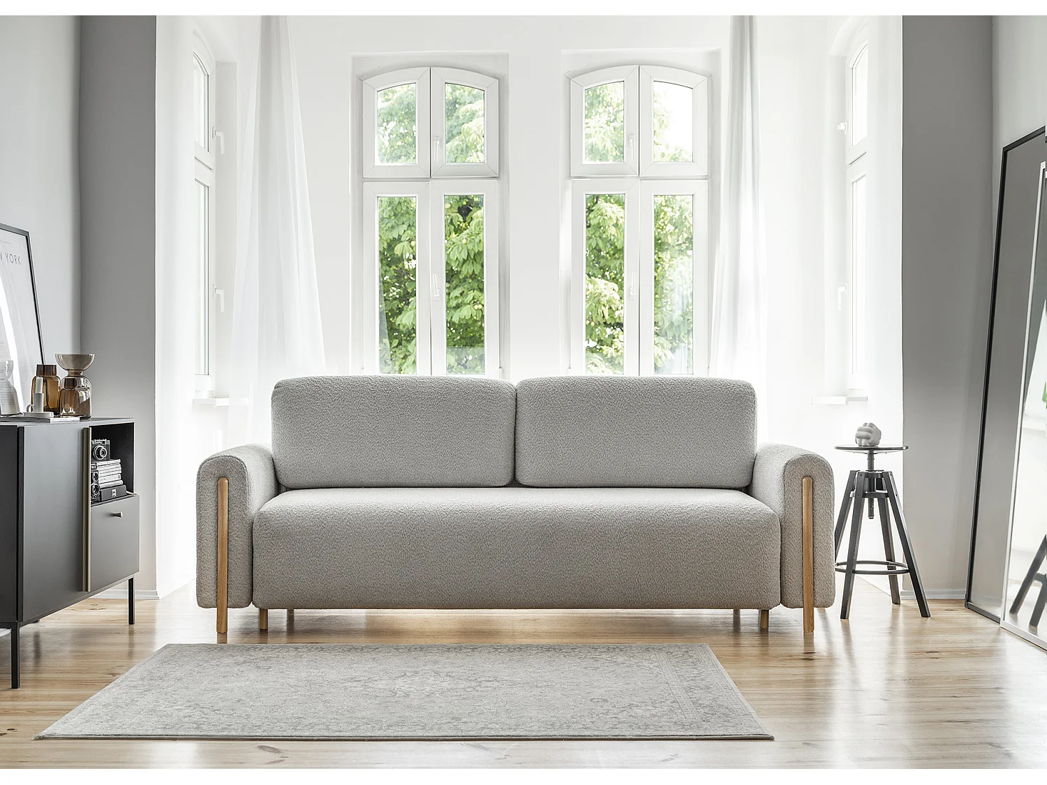 Canapé convertible en tissu bouclette DOVA - Pieds bois massif naturel-Gris clair