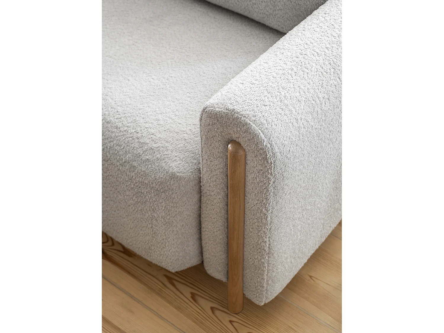 Canapé convertible en tissu bouclette DOVA - Pieds bois massif naturel-Gris clair