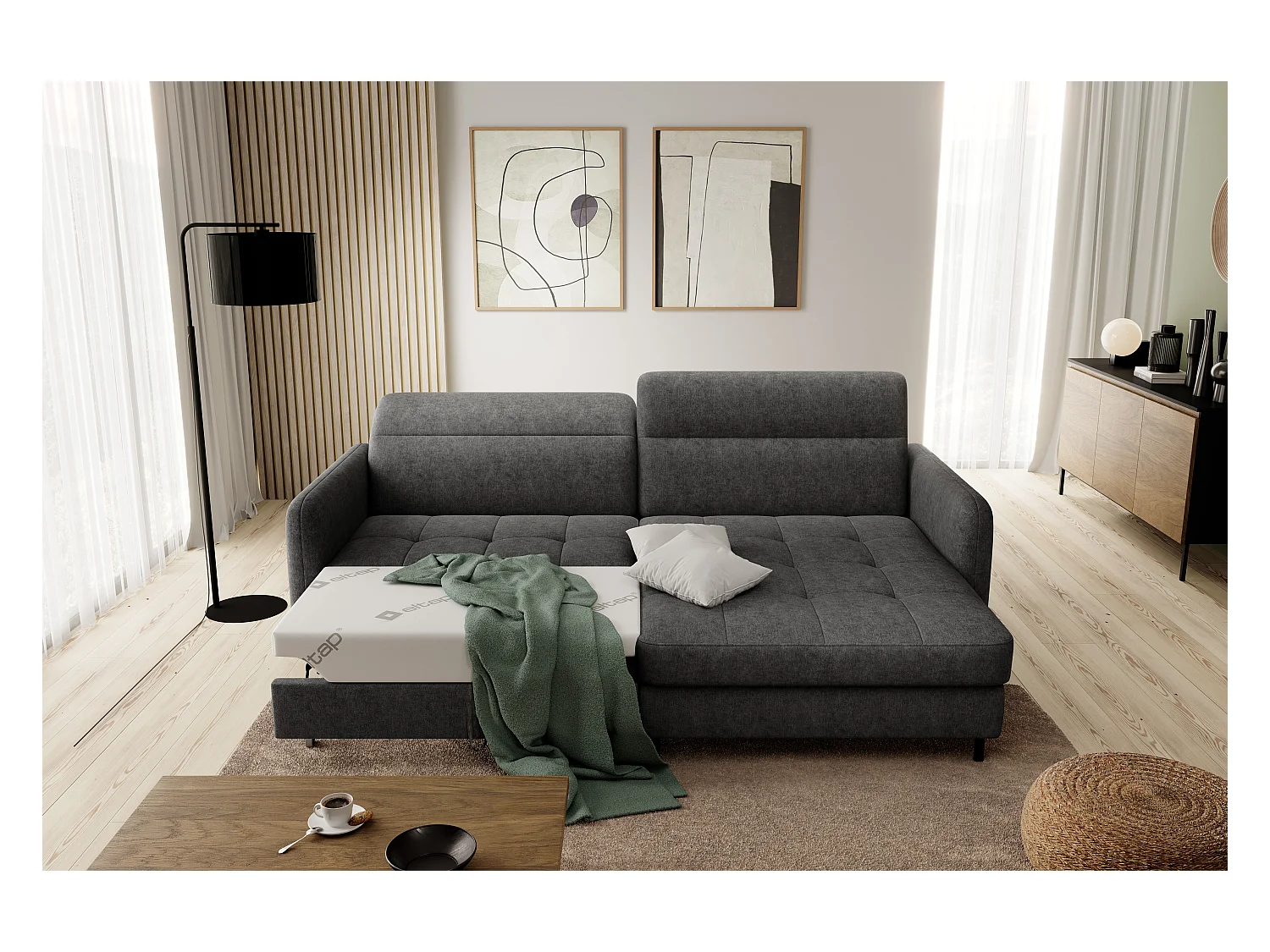 Petit canapé d’angle convertible tissu Kunder-Gris foncé-angle droit