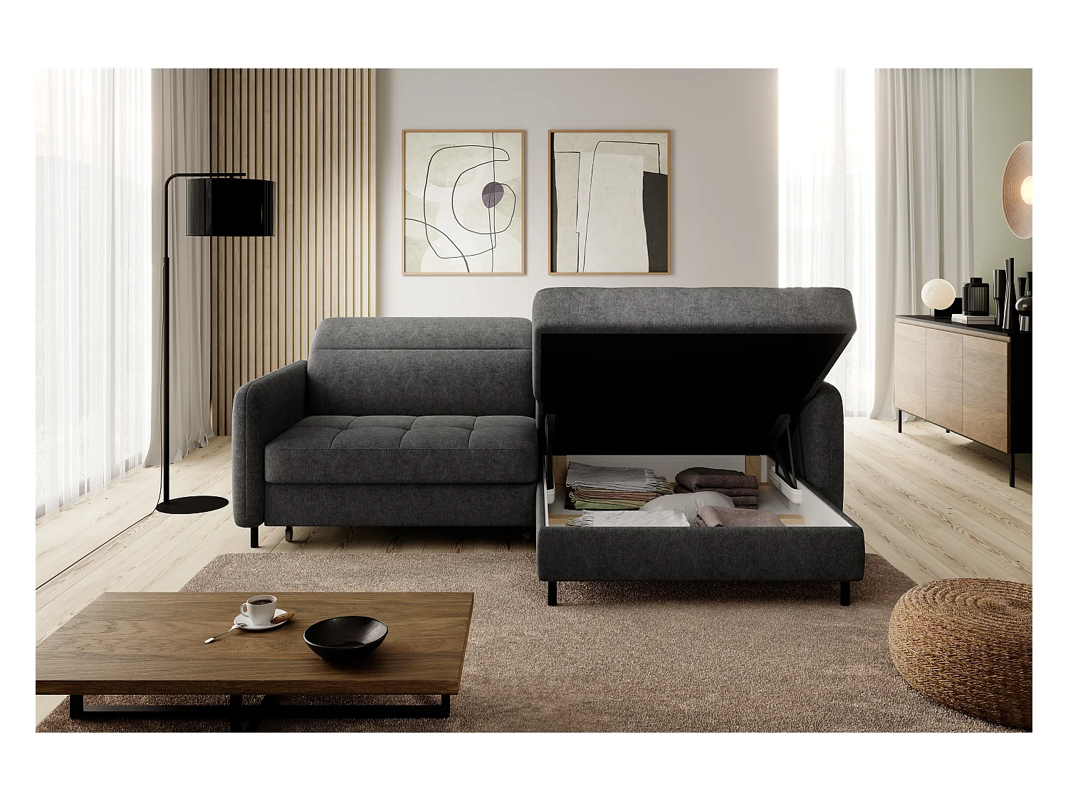 Petit canapé d’angle convertible tissu Kunder-Gris foncé-angle droit