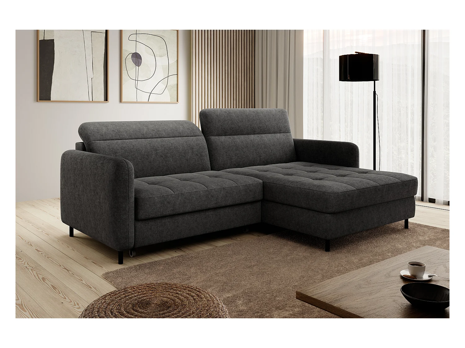 Petit canapé d’angle convertible tissu Kunder-Gris foncé-angle droit