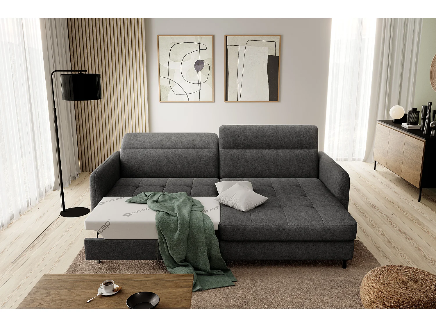 Petit canapé d’angle convertible tissu Kunder-Gris foncé-angle droit