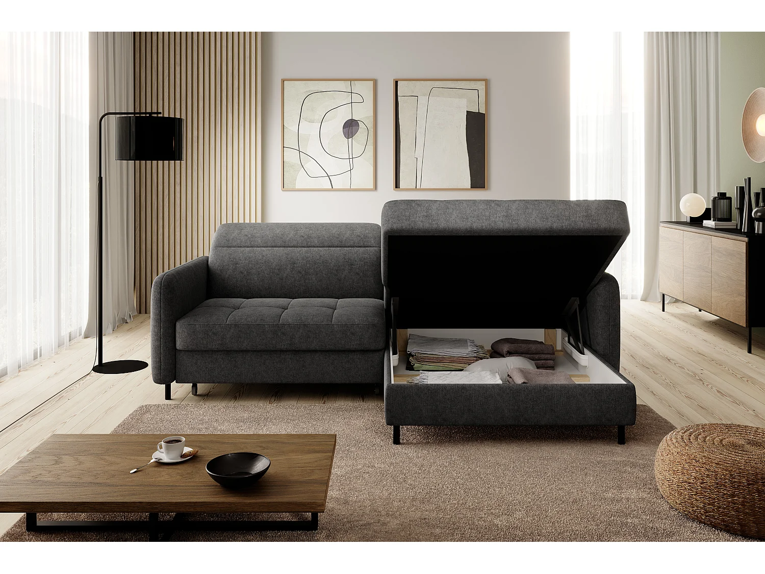 Petit canapé d’angle convertible tissu Kunder-Gris foncé-angle droit