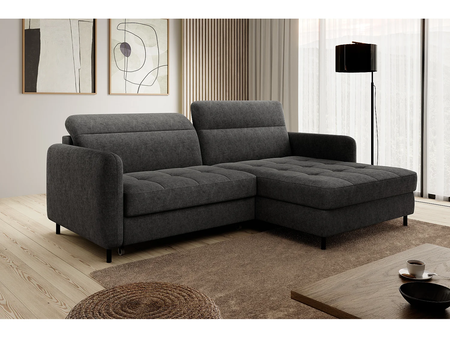 Petit canapé d’angle convertible tissu Kunder-Gris foncé-angle droit