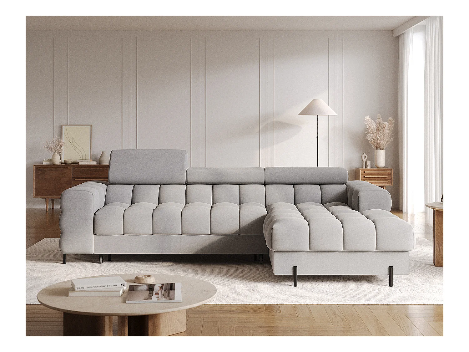 Canapé d’angle convertible velours appuis-tête réglables KATE – Coffre et pieds métal noir-Gris-angle droit