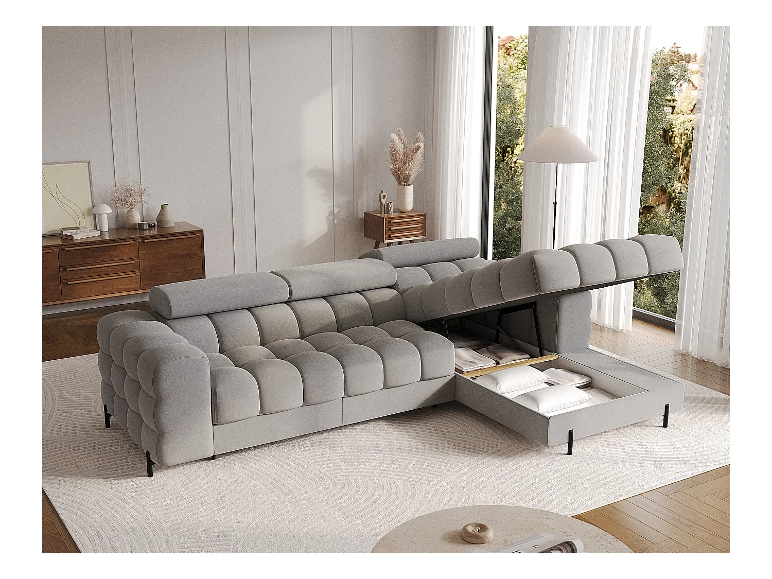 Canapé d’angle convertible velours appuis-tête réglables KATE – Coffre et pieds métal noir-Gris-angle droit