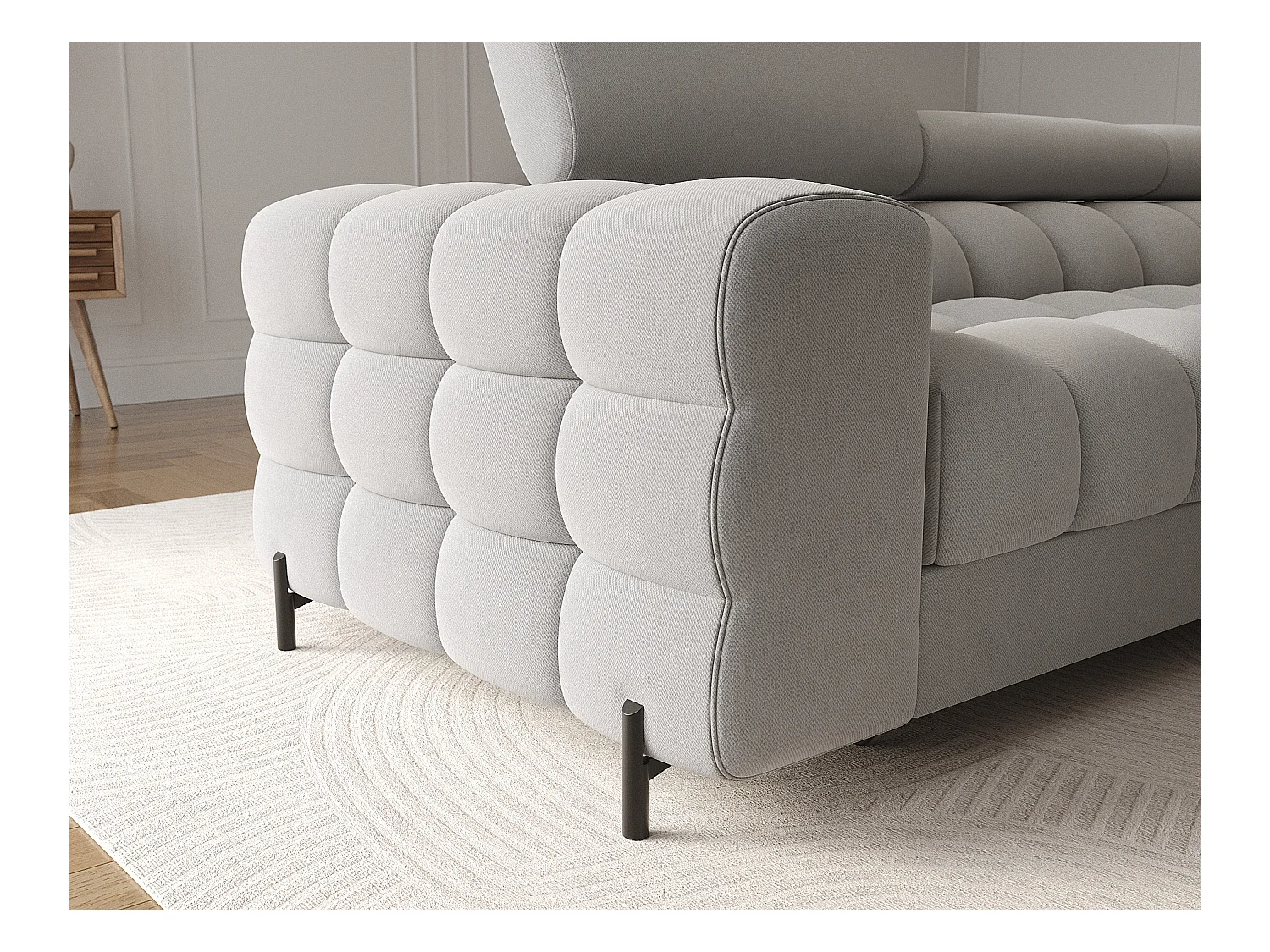 Canapé d’angle convertible velours appuis-tête réglables KATE – Coffre et pieds métal noir-Gris-angle droit