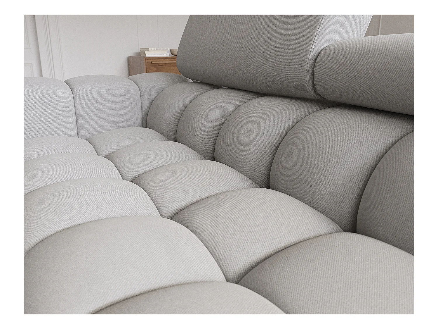 Canapé d’angle convertible velours appuis-tête réglables KATE – Coffre et pieds métal noir-Gris-angle droit