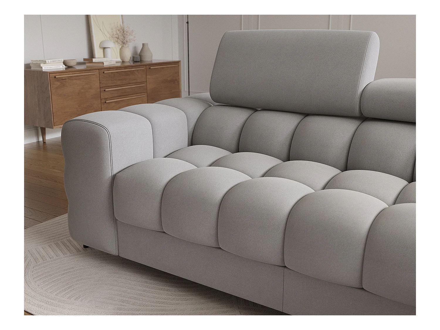 Canapé d’angle convertible velours appuis-tête réglables KATE – Coffre et pieds métal noir-Gris-angle droit