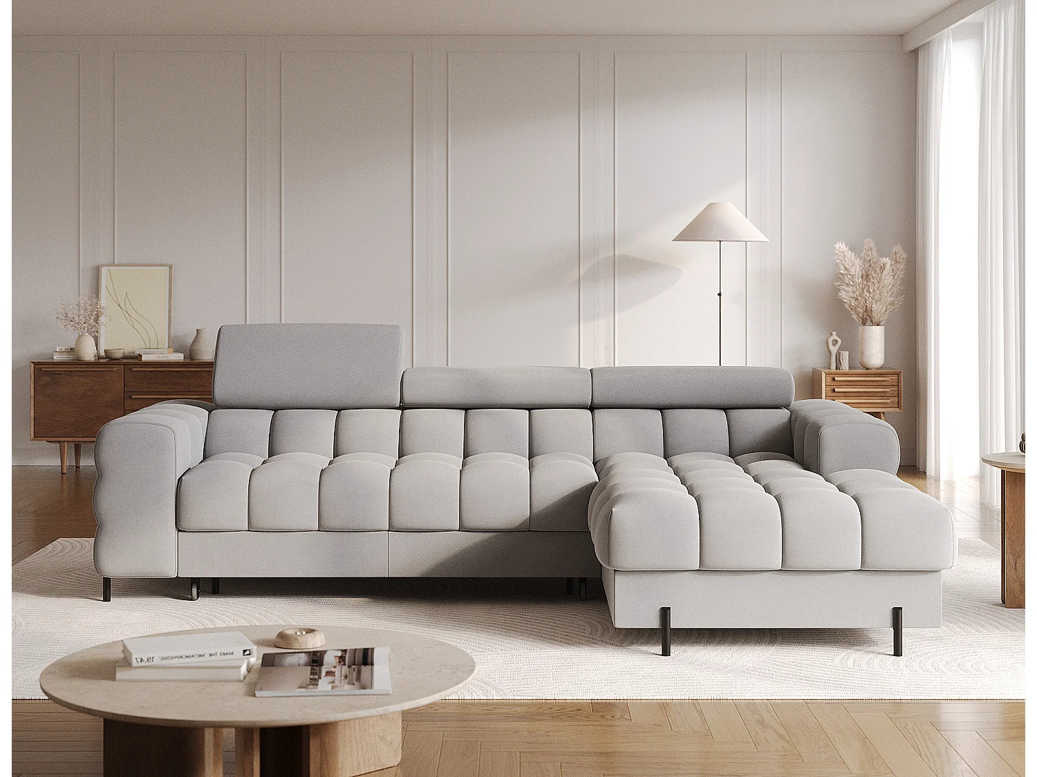 Canapé d’angle convertible velours appuis-tête réglables KATE – Coffre et pieds métal noir-Gris-angle droit