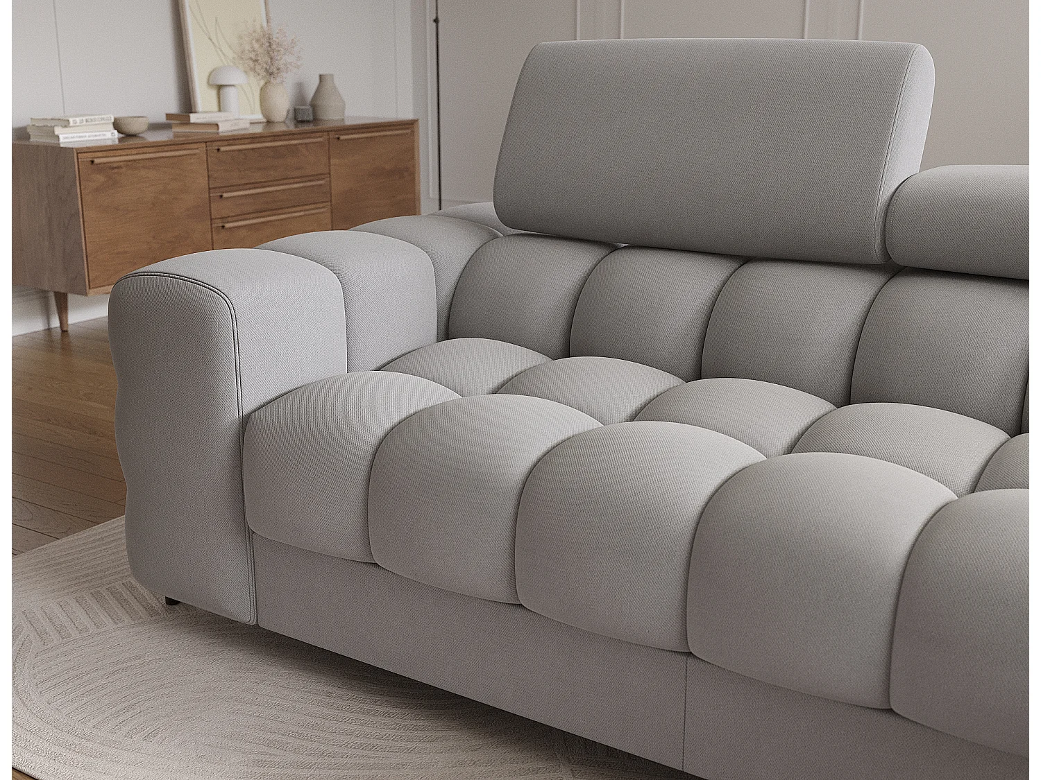 Canapé d’angle convertible velours appuis-tête réglables KATE – Coffre et pieds métal noir-Gris-angle droit