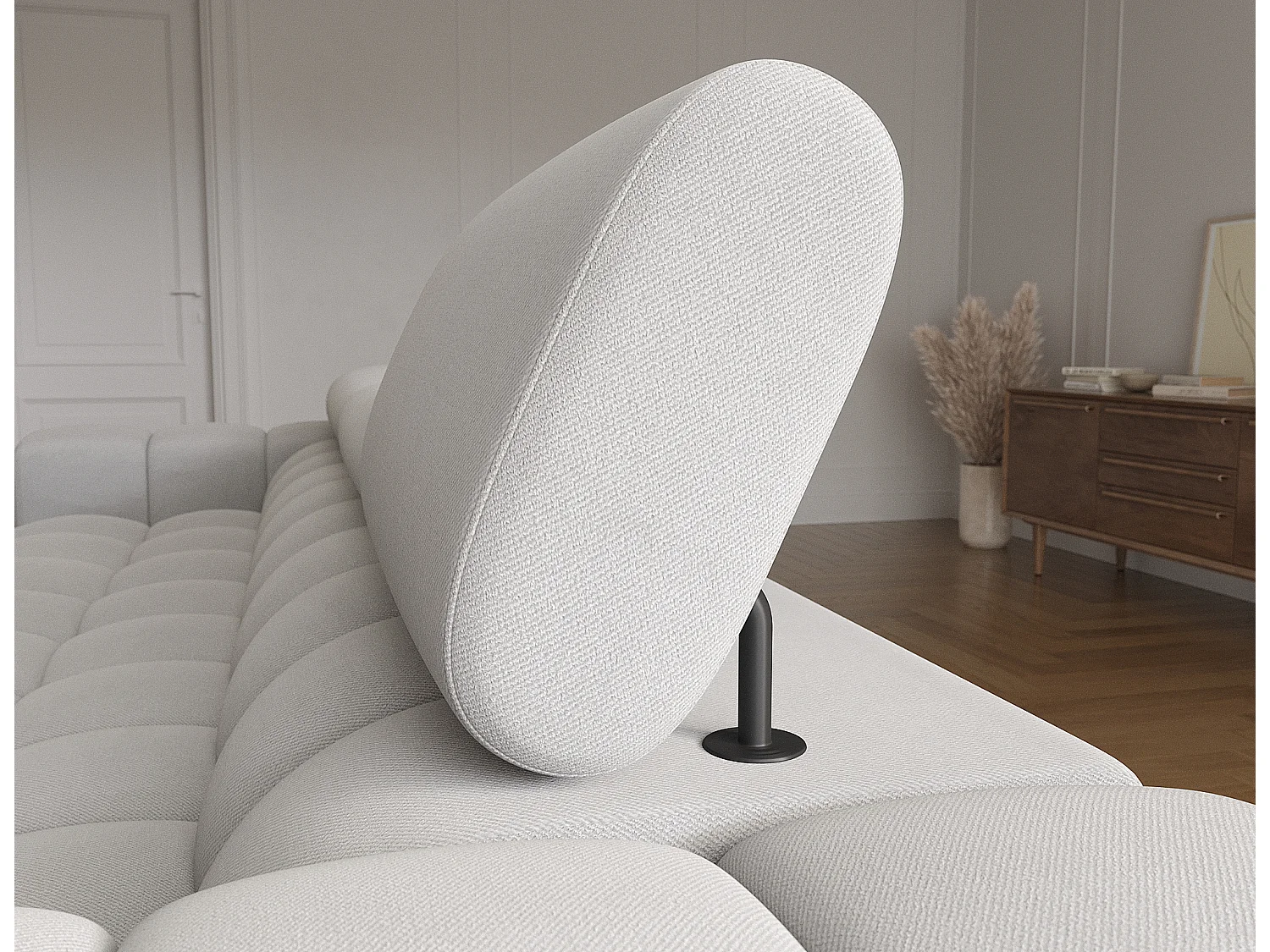 Canapé d’angle convertible velours appuis-tête réglables KATE – Coffre et pieds métal noir-Gris-angle droit