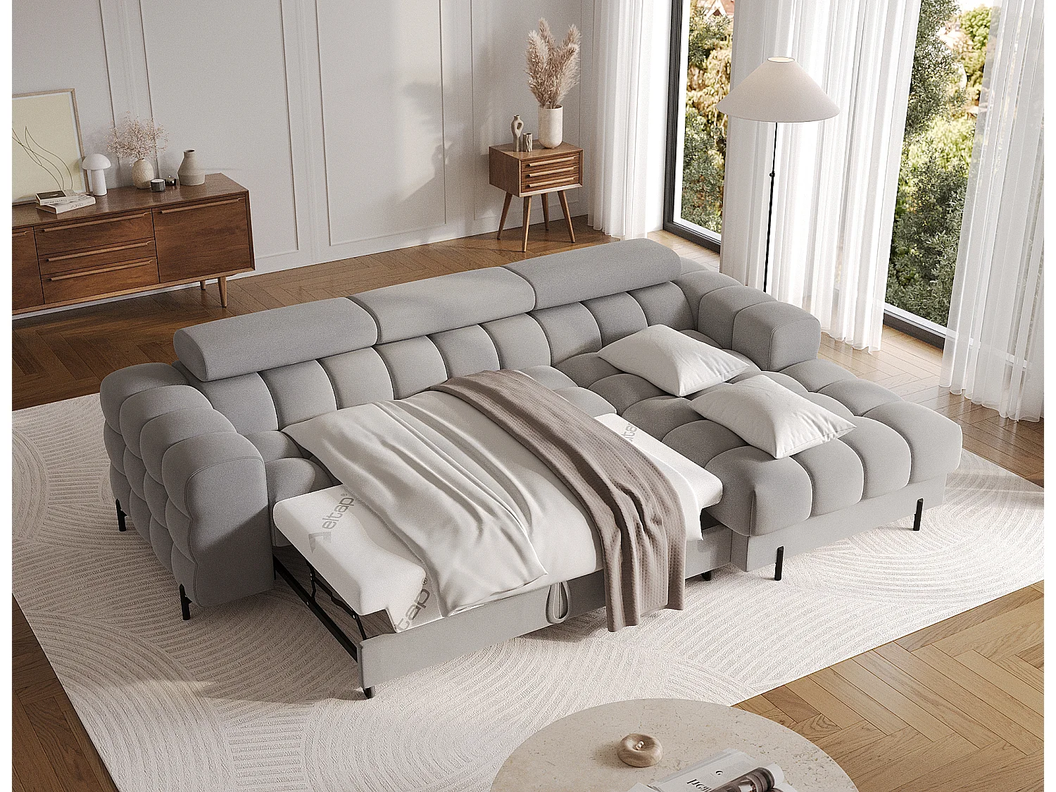 Canapé d’angle convertible velours appuis-tête réglables KATE – Coffre et pieds métal noir-Gris-angle droit