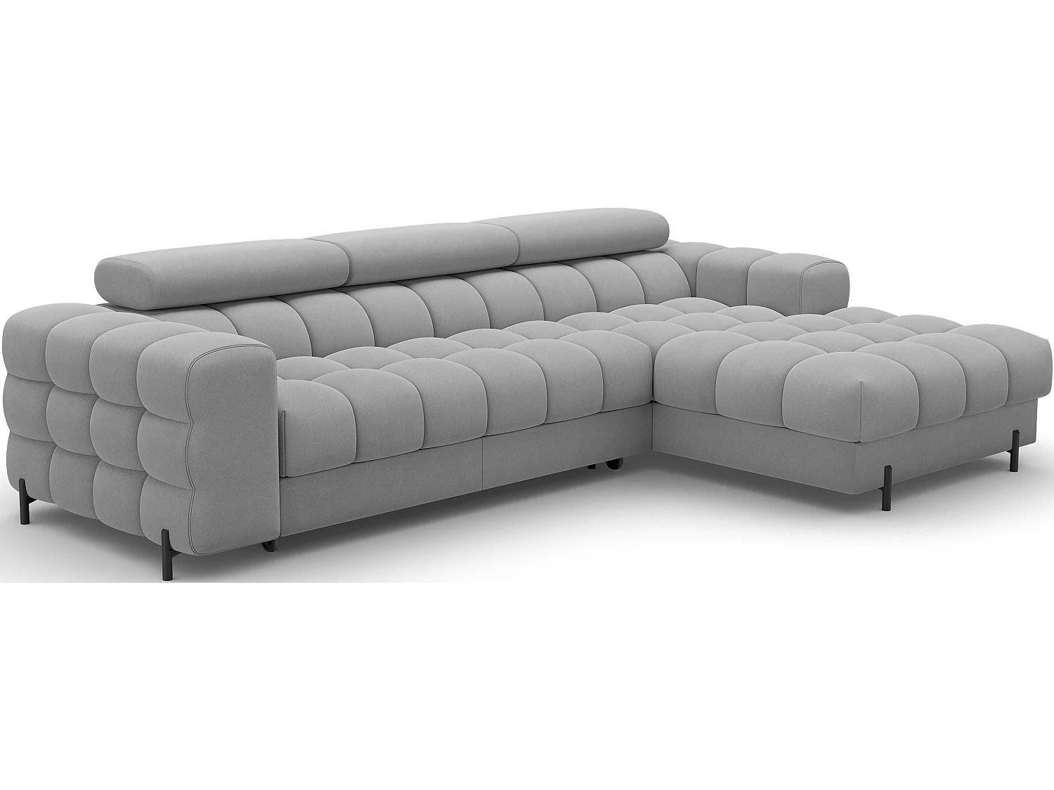 Canapé d’angle convertible velours appuis-tête réglables KATE – Coffre et pieds métal noir-Gris-angle droit