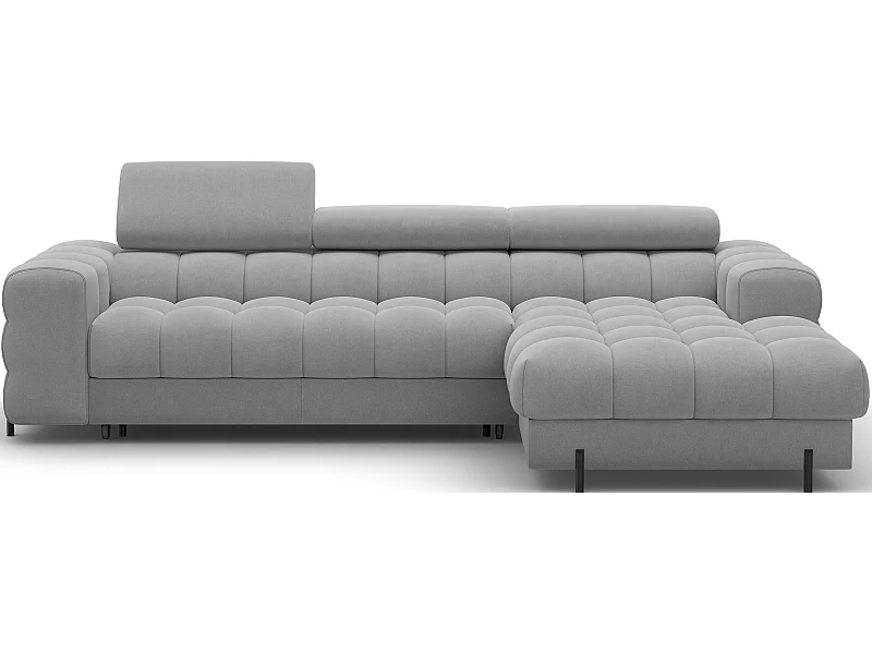 Canapé d’angle convertible velours appuis-tête réglables KATE – Coffre et pieds métal noir-Gris-angle droit