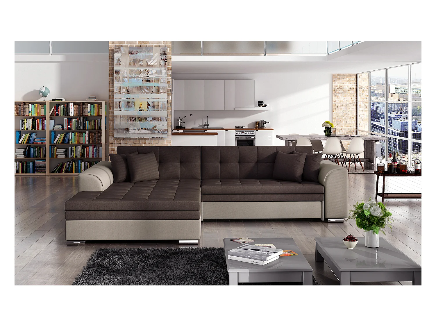 Canapé d'angle convertible tissu LOOKA - Pieds métal chromé-Beige/Marron-angle gauche