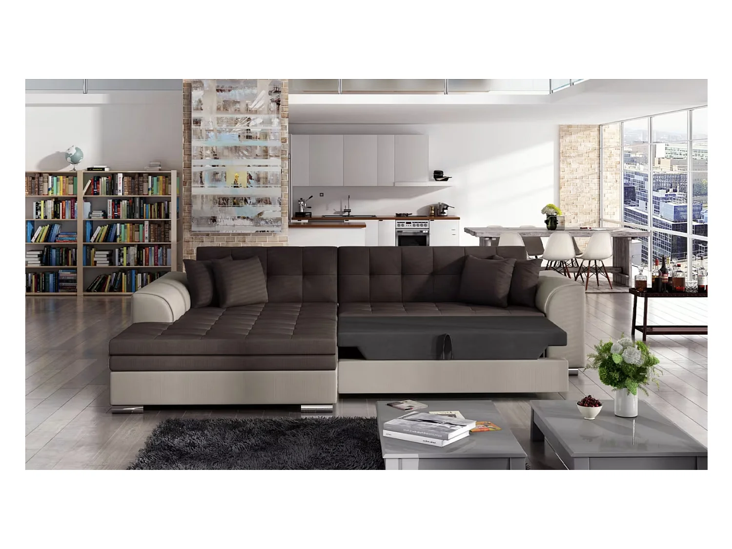 Canapé d'angle convertible tissu LOOKA - Pieds métal chromé-Beige/Marron-angle gauche