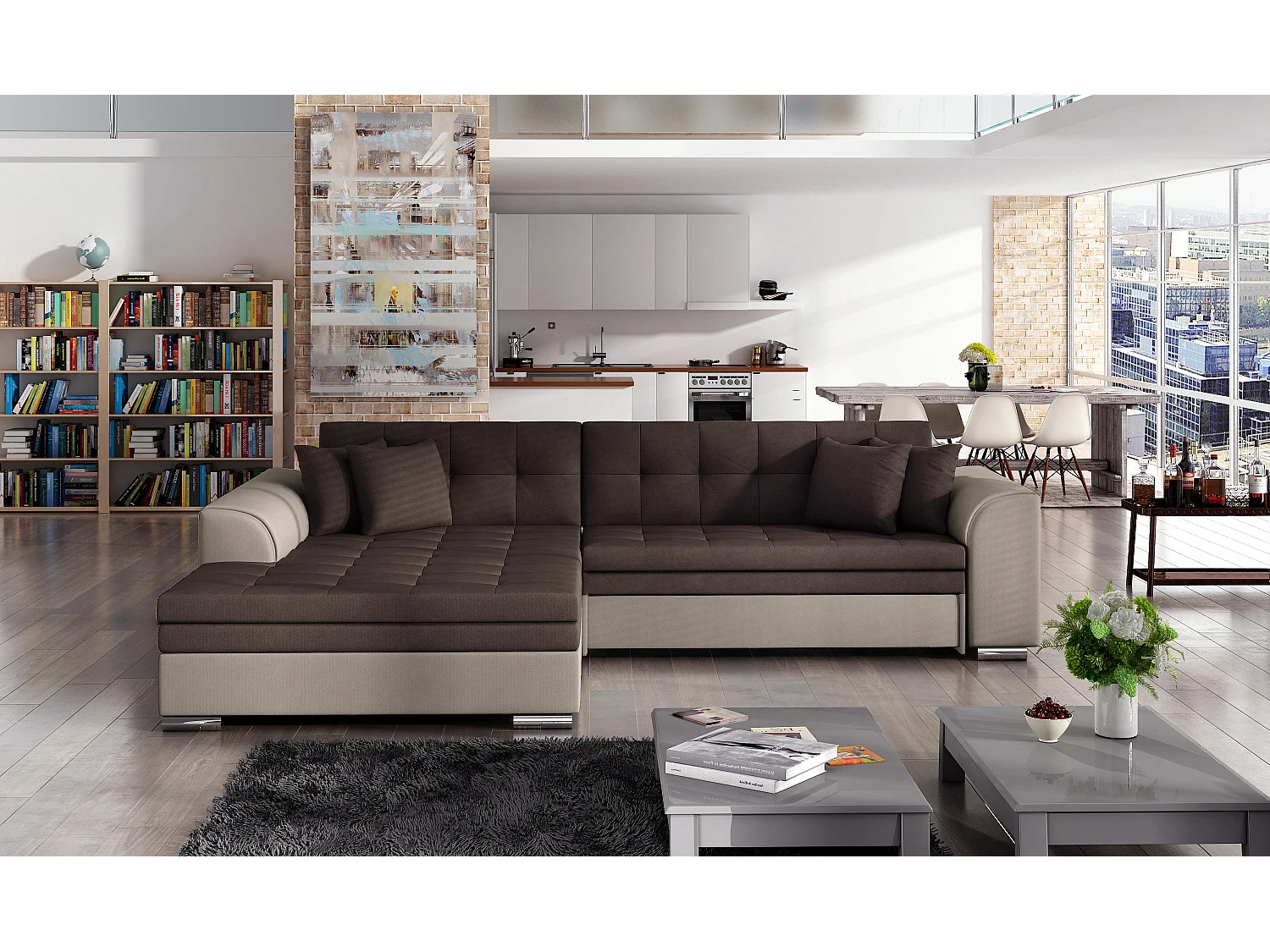 Canapé d'angle convertible tissu LOOKA - Pieds métal chromé-Beige/Marron-angle gauche