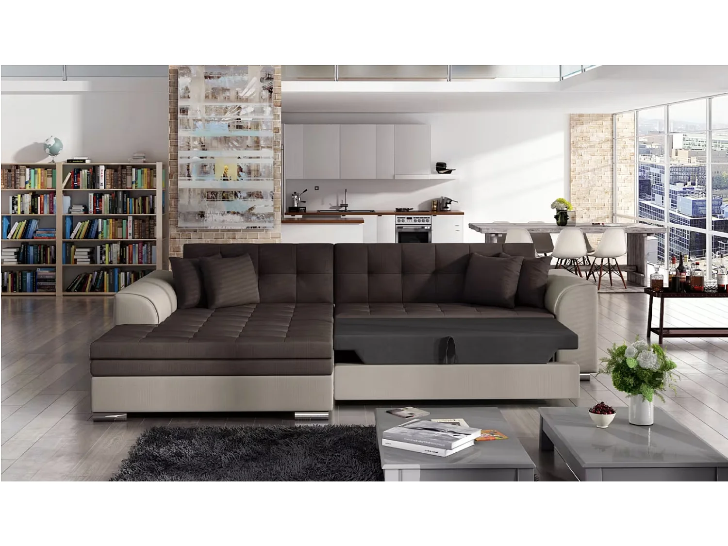 Canapé d'angle convertible tissu LOOKA - Pieds métal chromé-Beige/Marron-angle gauche