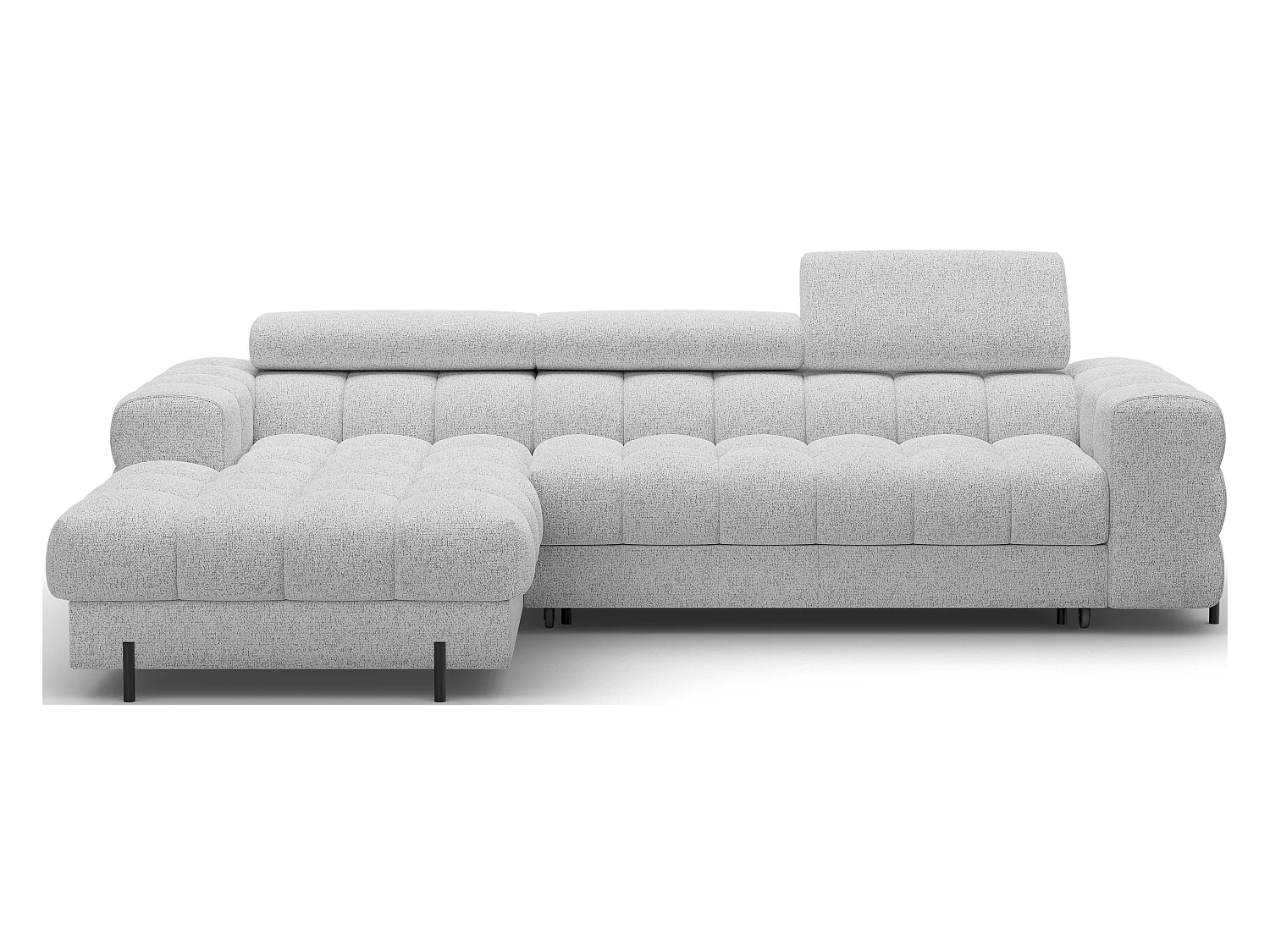 Canapé d’angle convertible tissu appuis-tête réglables KATE – Coffre et pieds métal noir-Gris souris-angle gauche