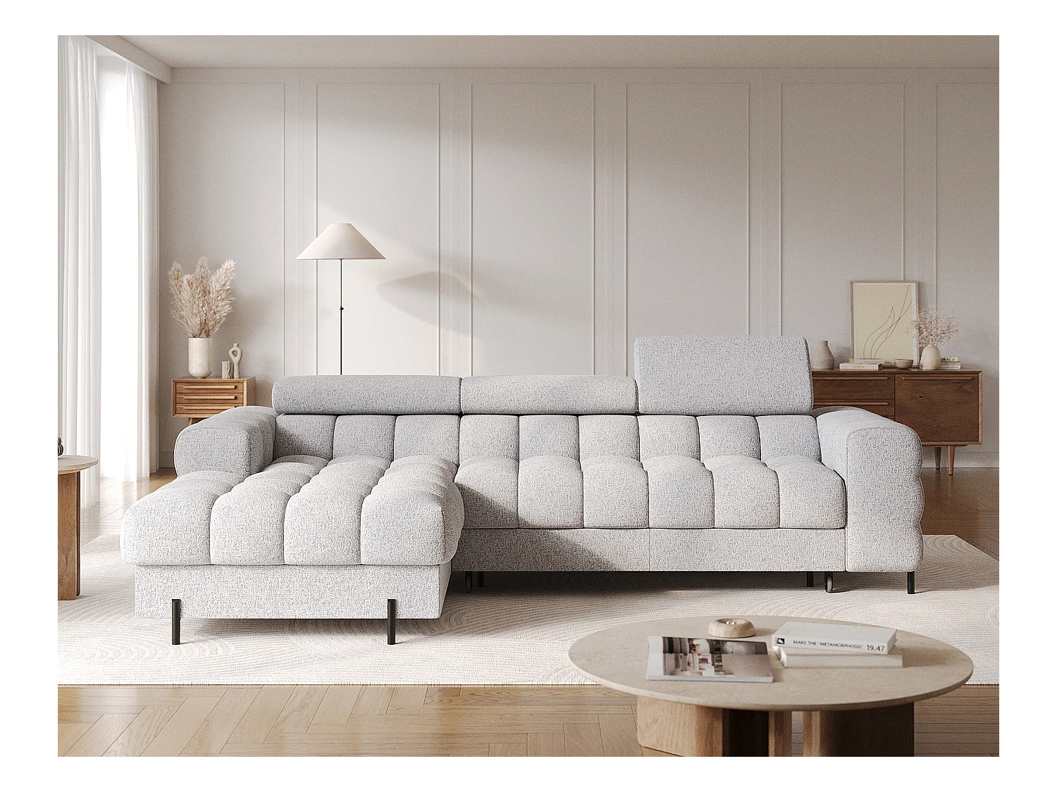 Canapé d’angle convertible tissu appuis-tête réglables KATE – Coffre et pieds métal noir-Gris souris-angle gauche