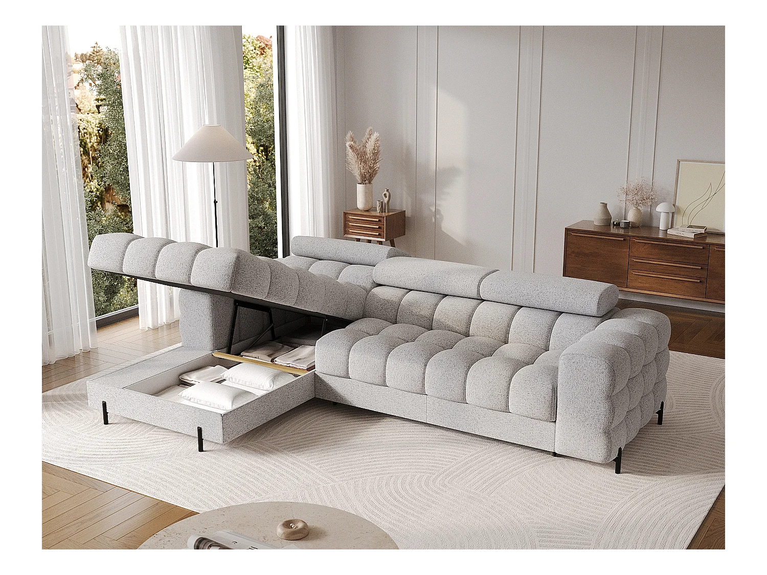 Canapé d’angle convertible tissu appuis-tête réglables KATE – Coffre et pieds métal noir-Gris souris-angle gauche