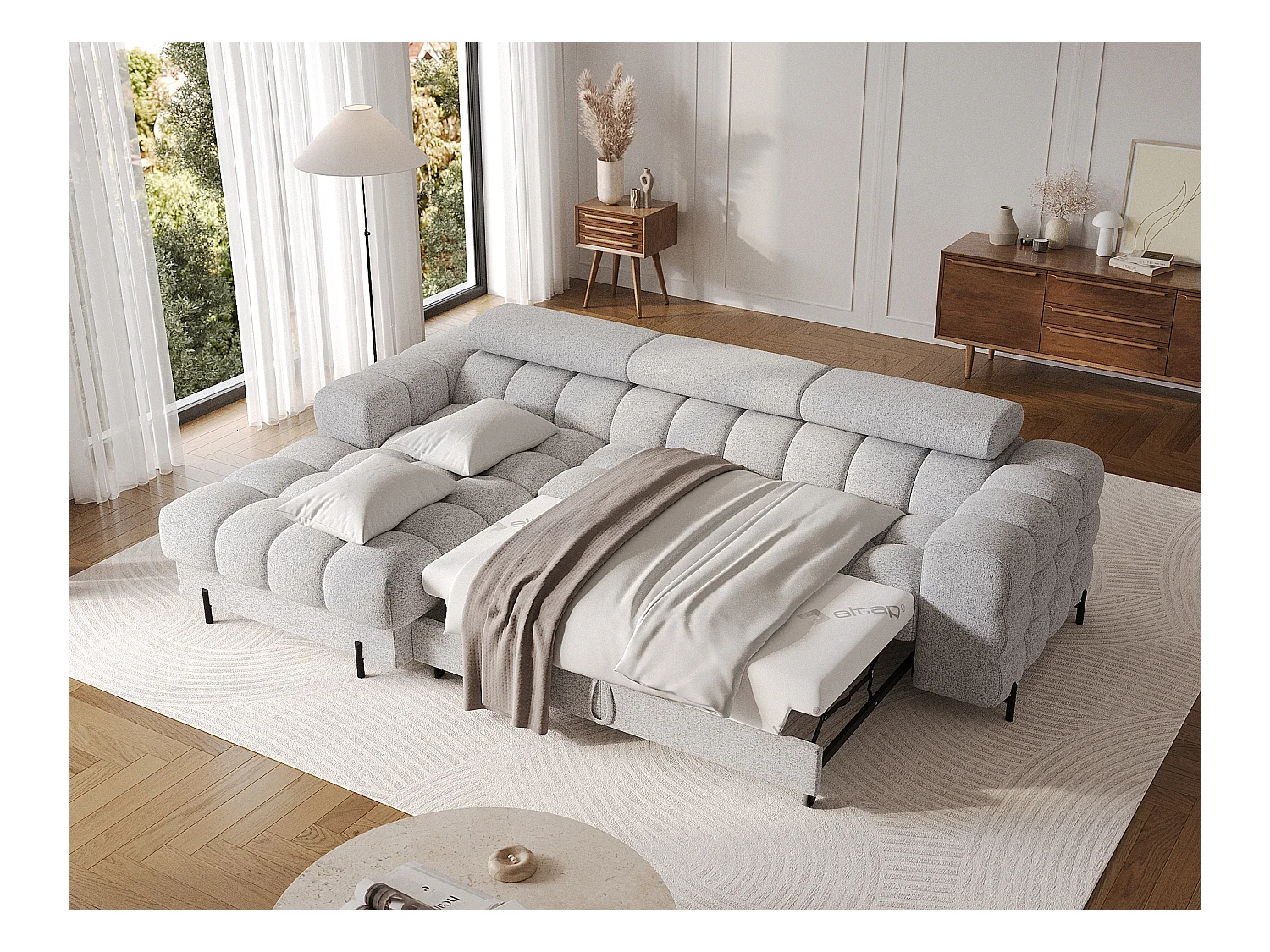 Canapé d’angle convertible tissu appuis-tête réglables KATE – Coffre et pieds métal noir-Gris souris-angle gauche