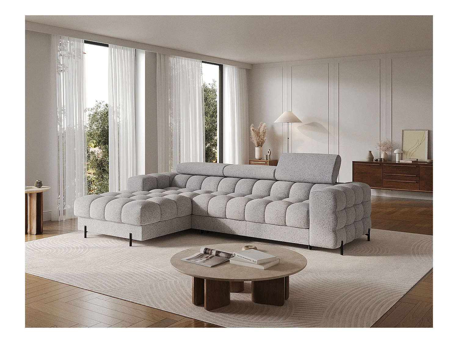 Canapé d’angle convertible tissu appuis-tête réglables KATE – Coffre et pieds métal noir-Gris souris-angle gauche