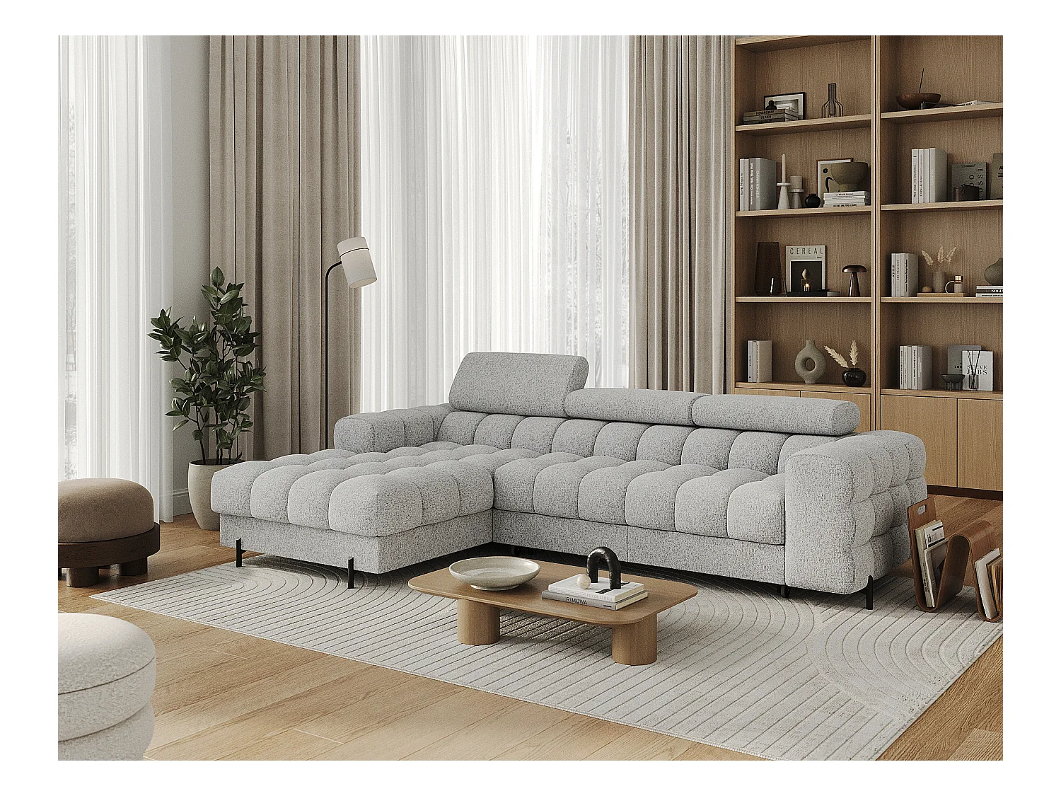 Canapé d’angle convertible tissu appuis-tête réglables KATE – Coffre et pieds métal noir-Gris souris-angle gauche