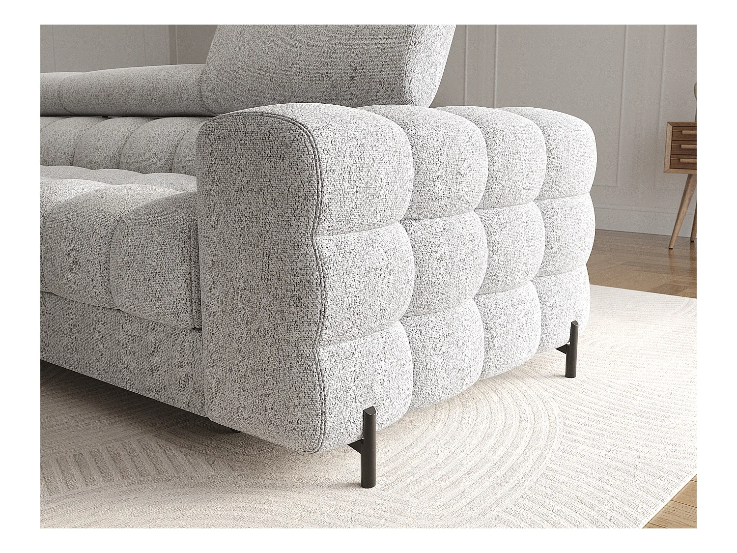 Canapé d’angle convertible tissu appuis-tête réglables KATE – Coffre et pieds métal noir-Gris souris-angle gauche