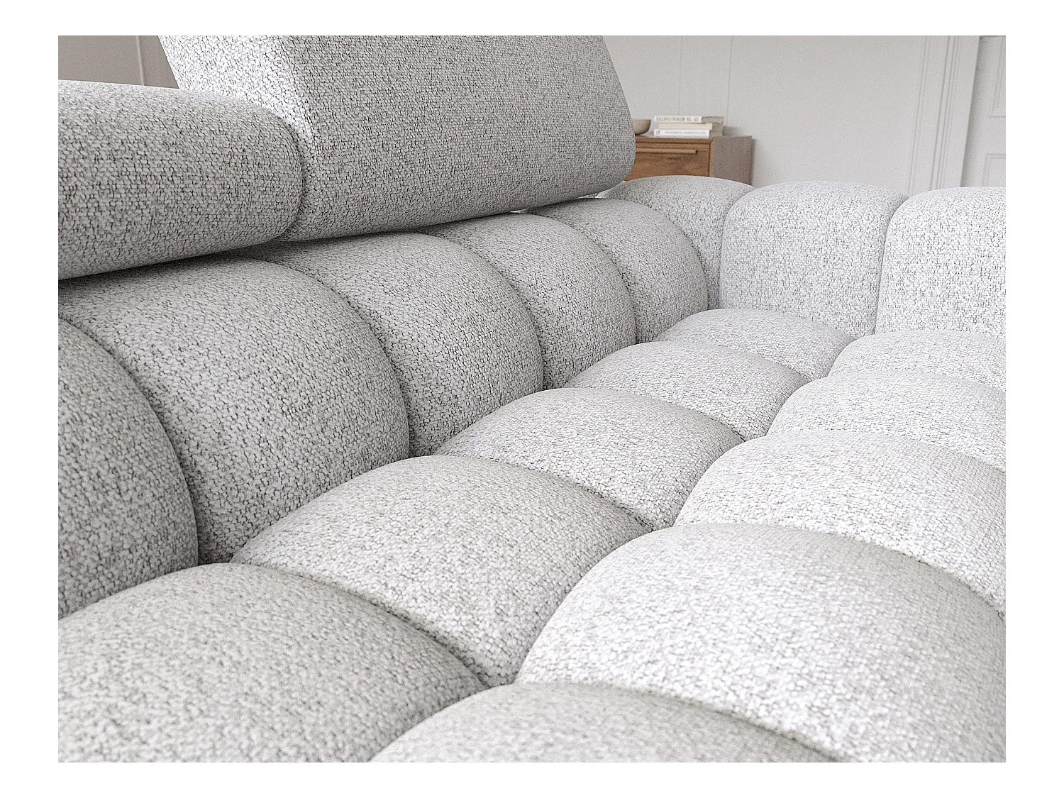 Canapé d’angle convertible tissu appuis-tête réglables KATE – Coffre et pieds métal noir-Gris souris-angle gauche