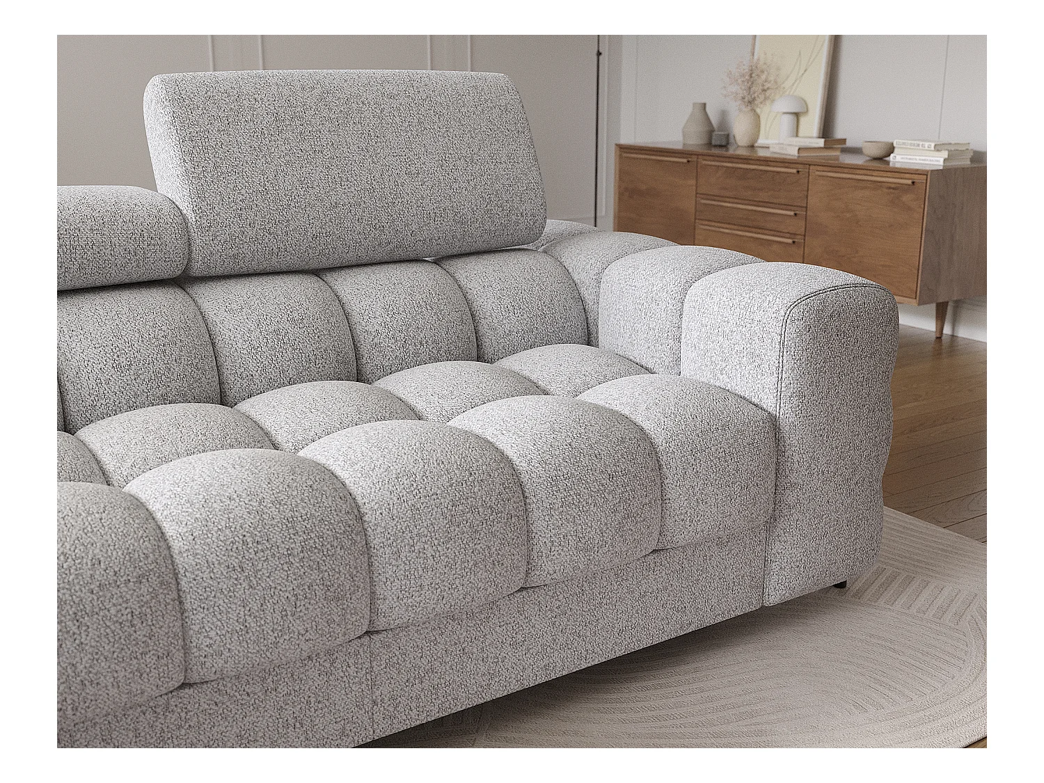 Canapé d’angle convertible tissu appuis-tête réglables KATE – Coffre et pieds métal noir-Gris souris-angle gauche