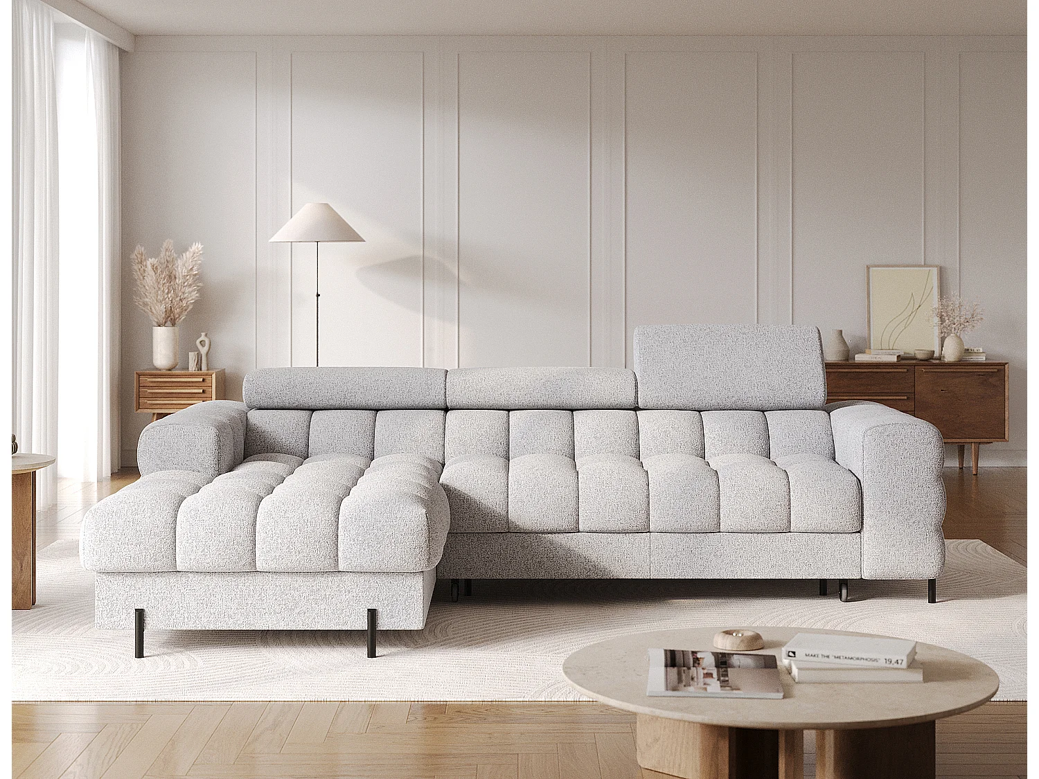 Canapé d’angle convertible tissu appuis-tête réglables KATE – Coffre et pieds métal noir-Gris souris-angle gauche