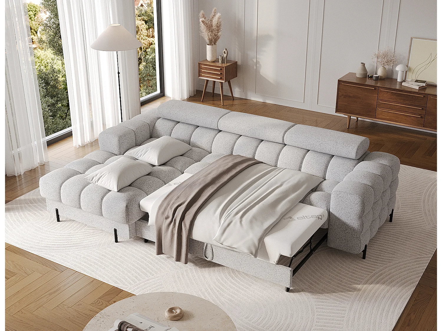 Canapé d’angle convertible tissu appuis-tête réglables KATE – Coffre et pieds métal noir-Gris souris-angle gauche