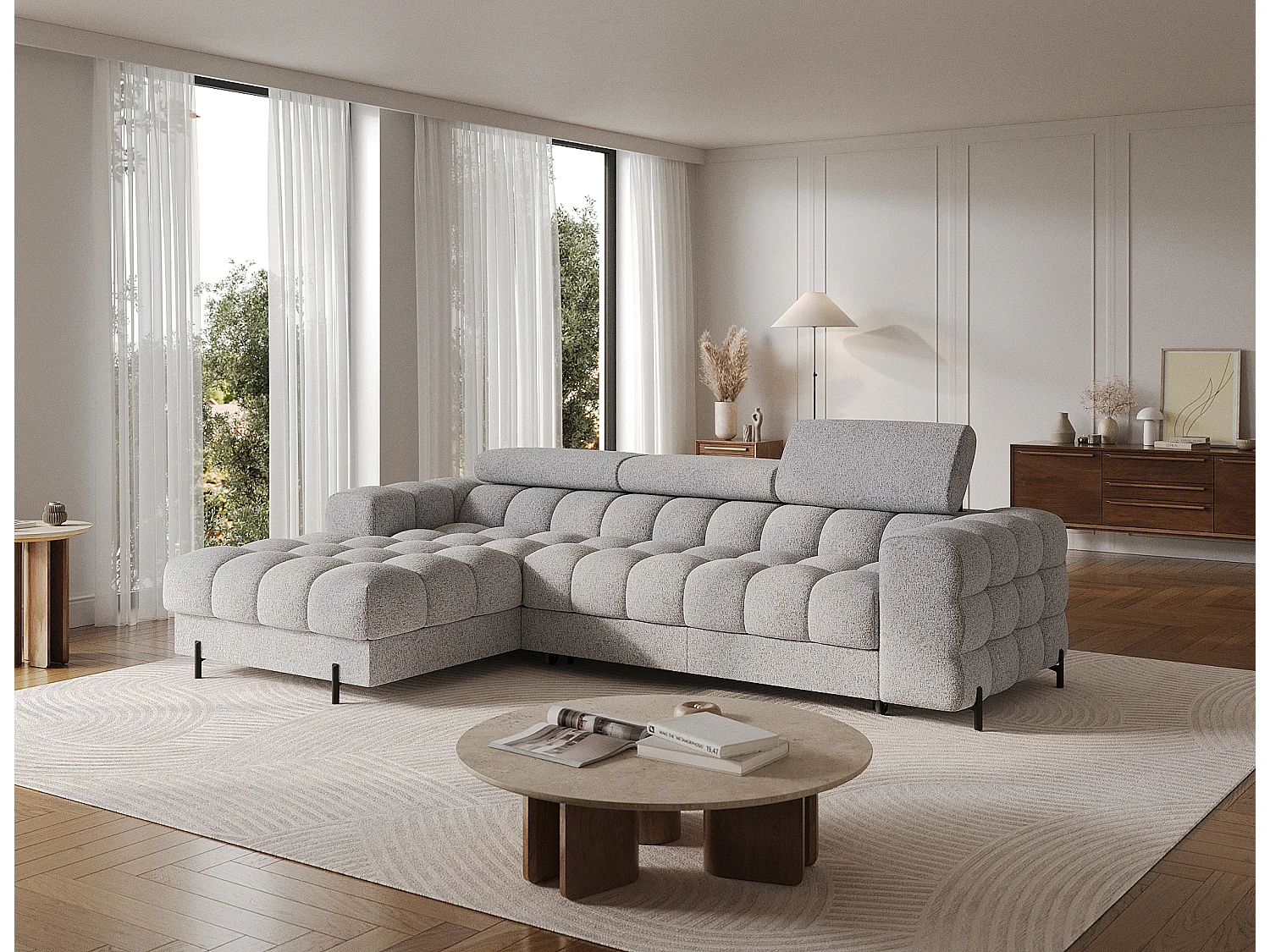 Canapé d’angle convertible tissu appuis-tête réglables KATE – Coffre et pieds métal noir-Gris souris-angle gauche