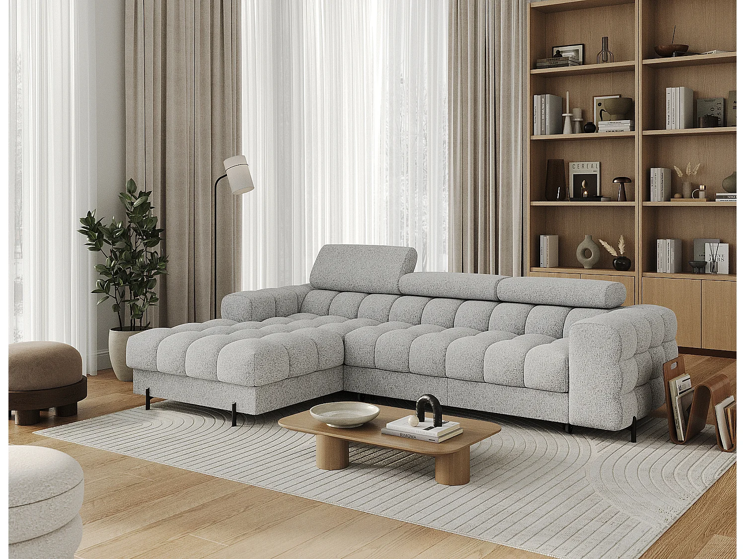 Canapé d’angle convertible tissu appuis-tête réglables KATE – Coffre et pieds métal noir-Gris souris-angle gauche