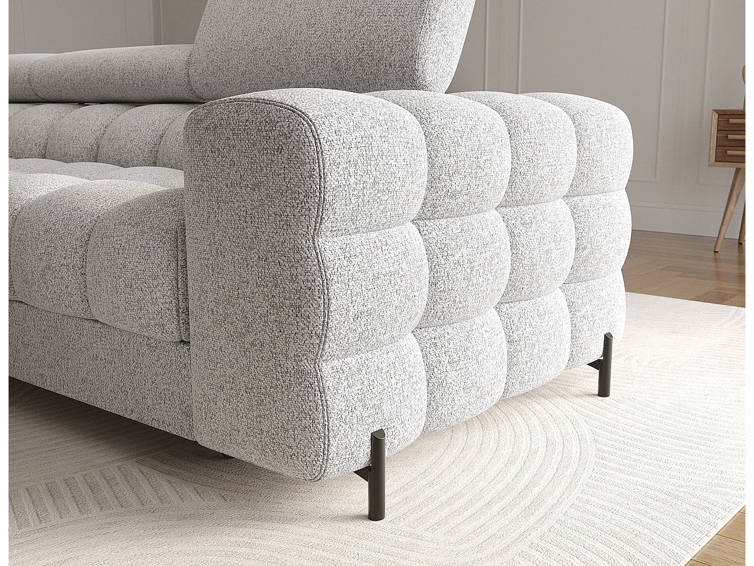 Canapé d’angle convertible tissu appuis-tête réglables KATE – Coffre et pieds métal noir-Gris souris-angle gauche