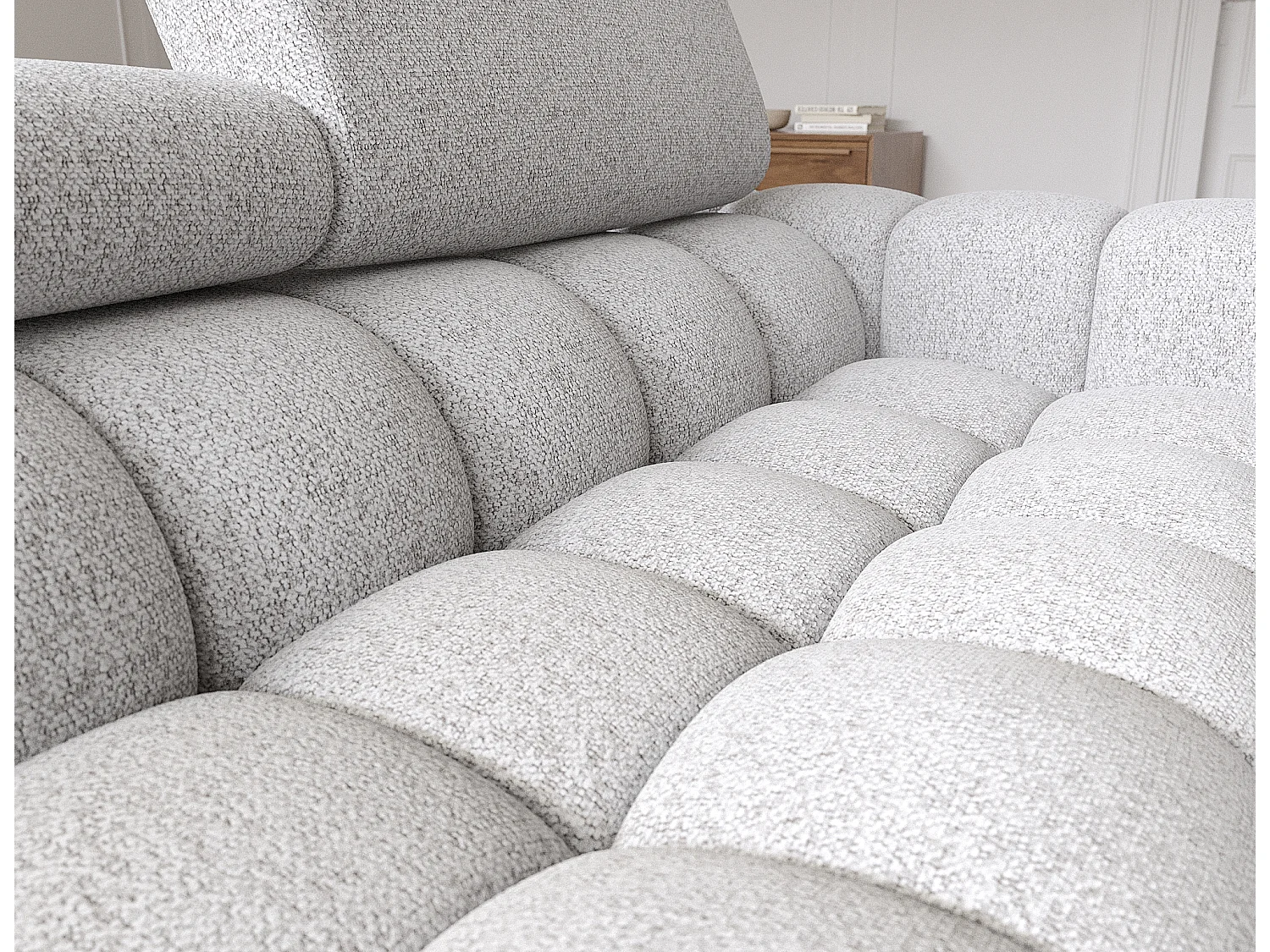 Canapé d’angle convertible tissu appuis-tête réglables KATE – Coffre et pieds métal noir-Gris souris-angle gauche