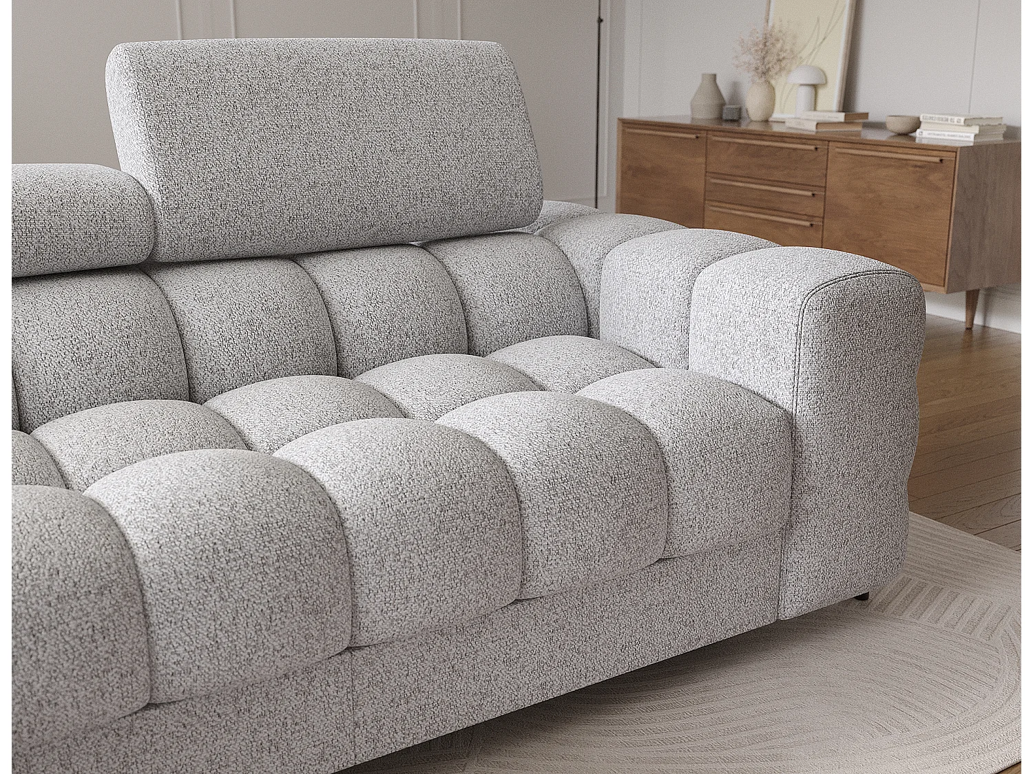 Canapé d’angle convertible tissu appuis-tête réglables KATE – Coffre et pieds métal noir-Gris souris-angle gauche