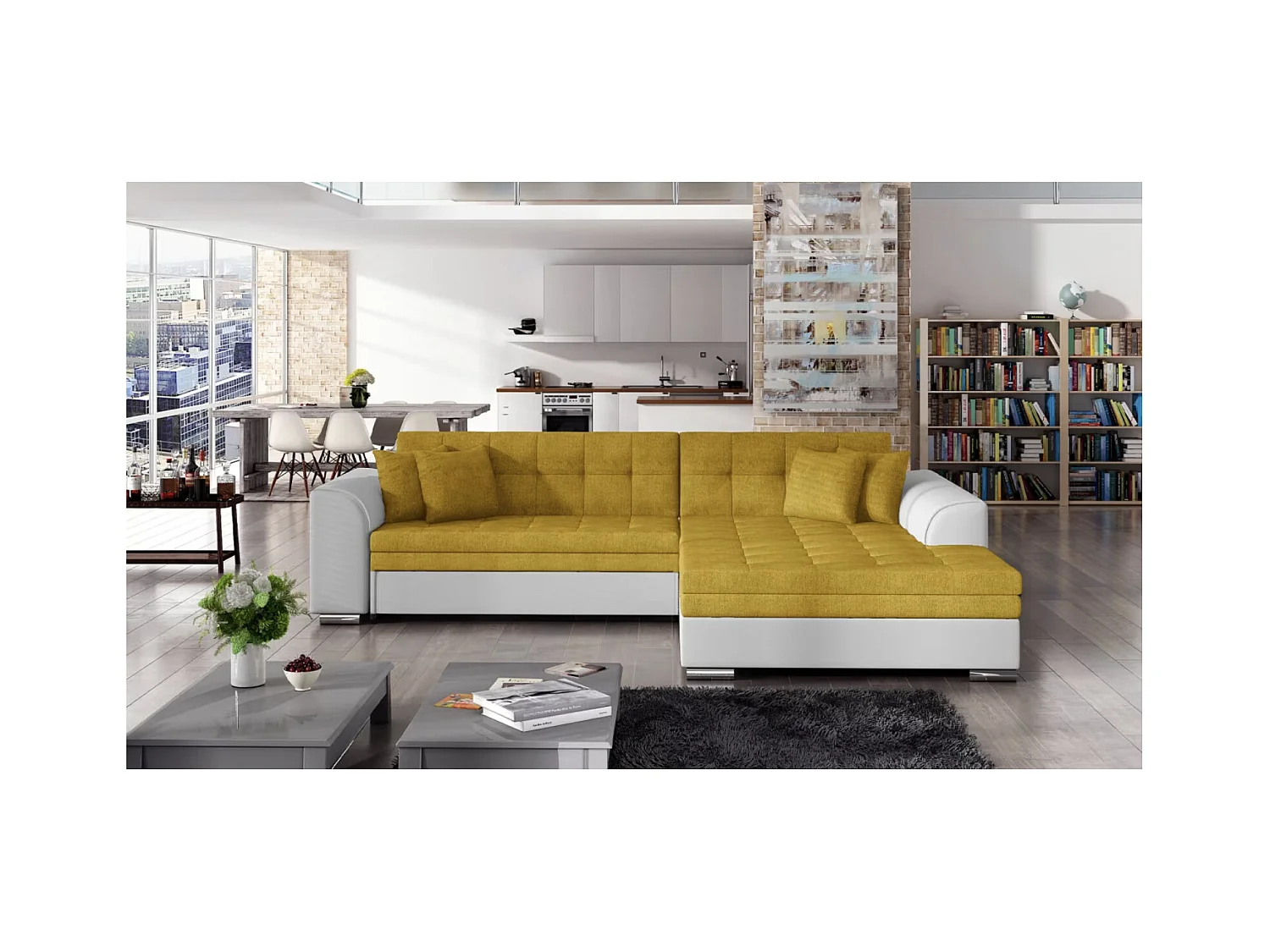 Canapé d'angle convertible tissu et simili LOOKA - Pieds métal chromé-Blanc/Jaune-angle droit