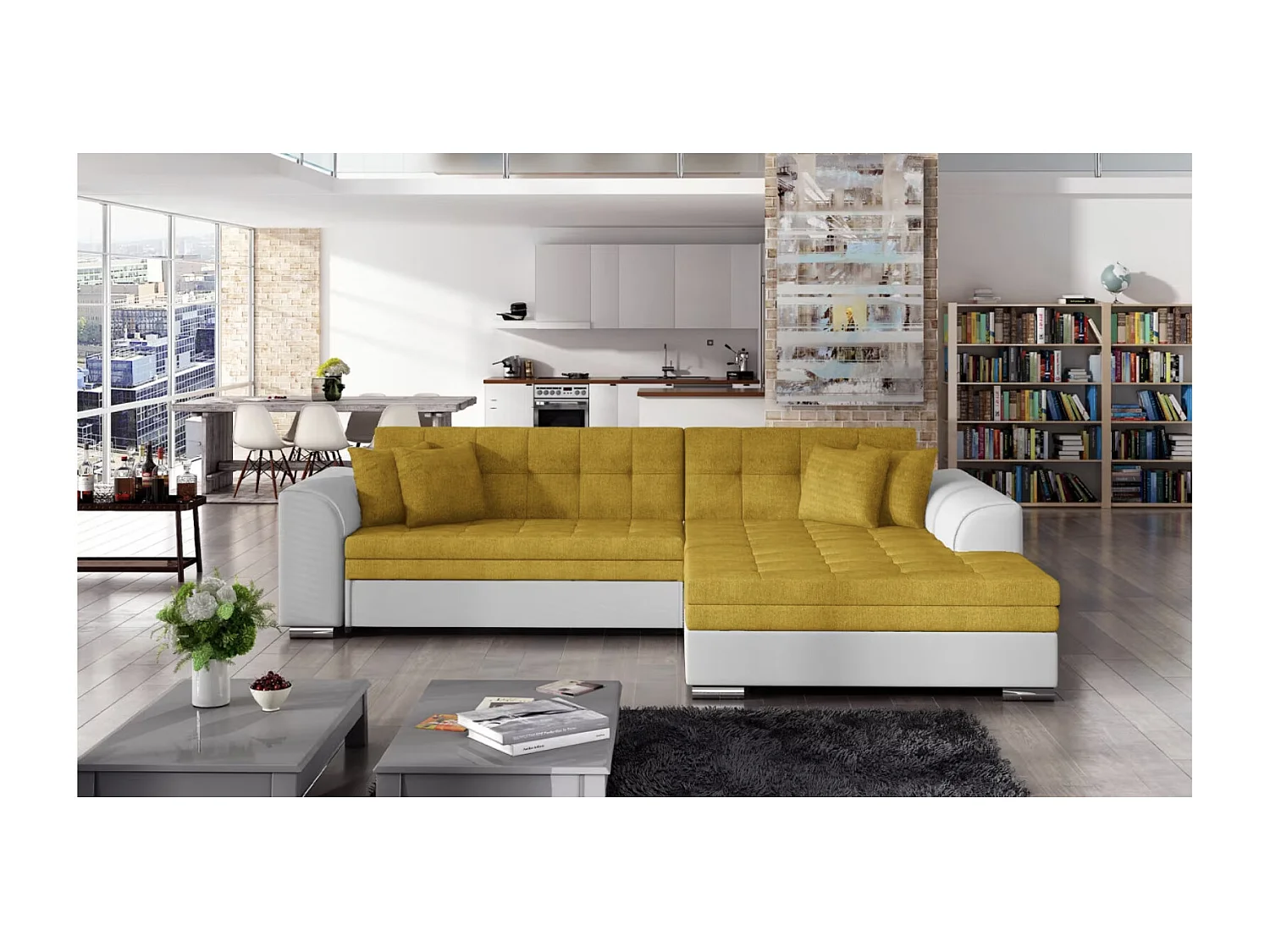 Canapé d'angle convertible tissu et simili LOOKA - Pieds métal chromé-Blanc/Jaune-angle droit