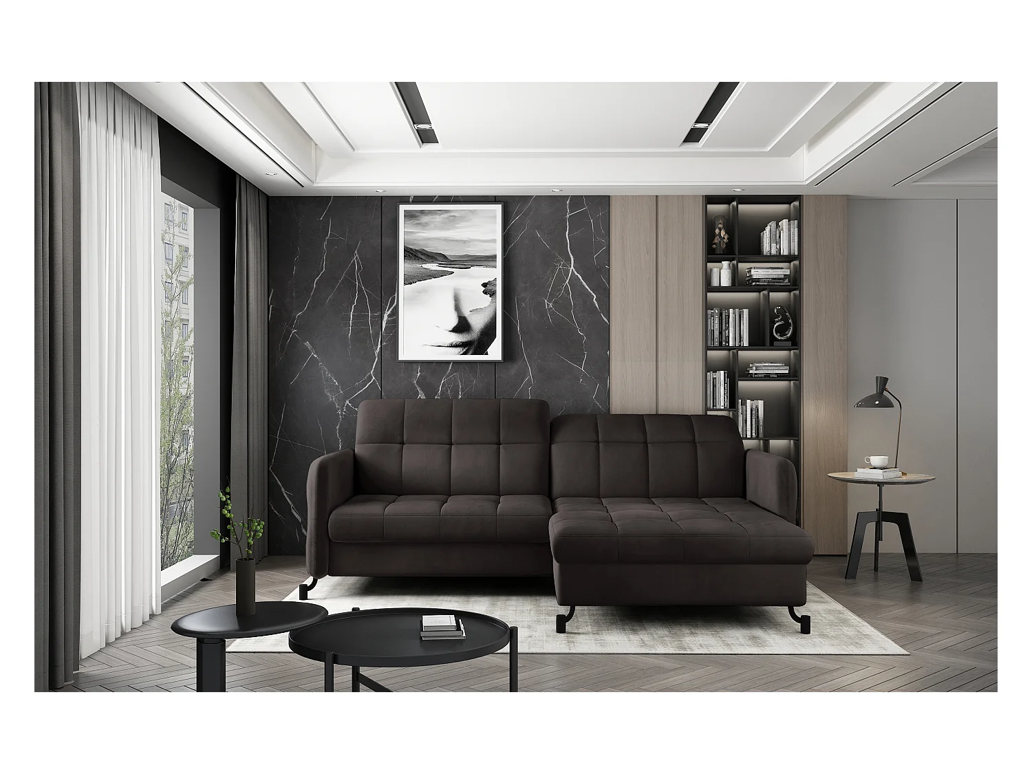 Canapé d'angle convertible velours avec coffre de rangement LORI-Marron foncé-angle droit