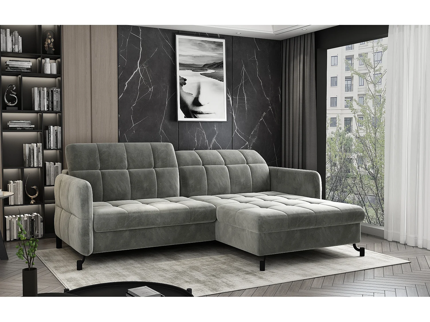 Canapé d'angle convertible velours avec coffre de rangement LORI-Marron foncé-angle droit