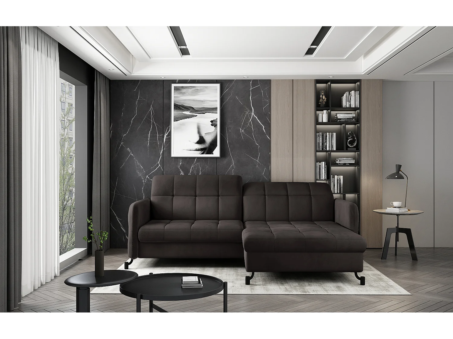 Canapé d'angle convertible velours avec coffre de rangement LORI-Marron foncé-angle droit