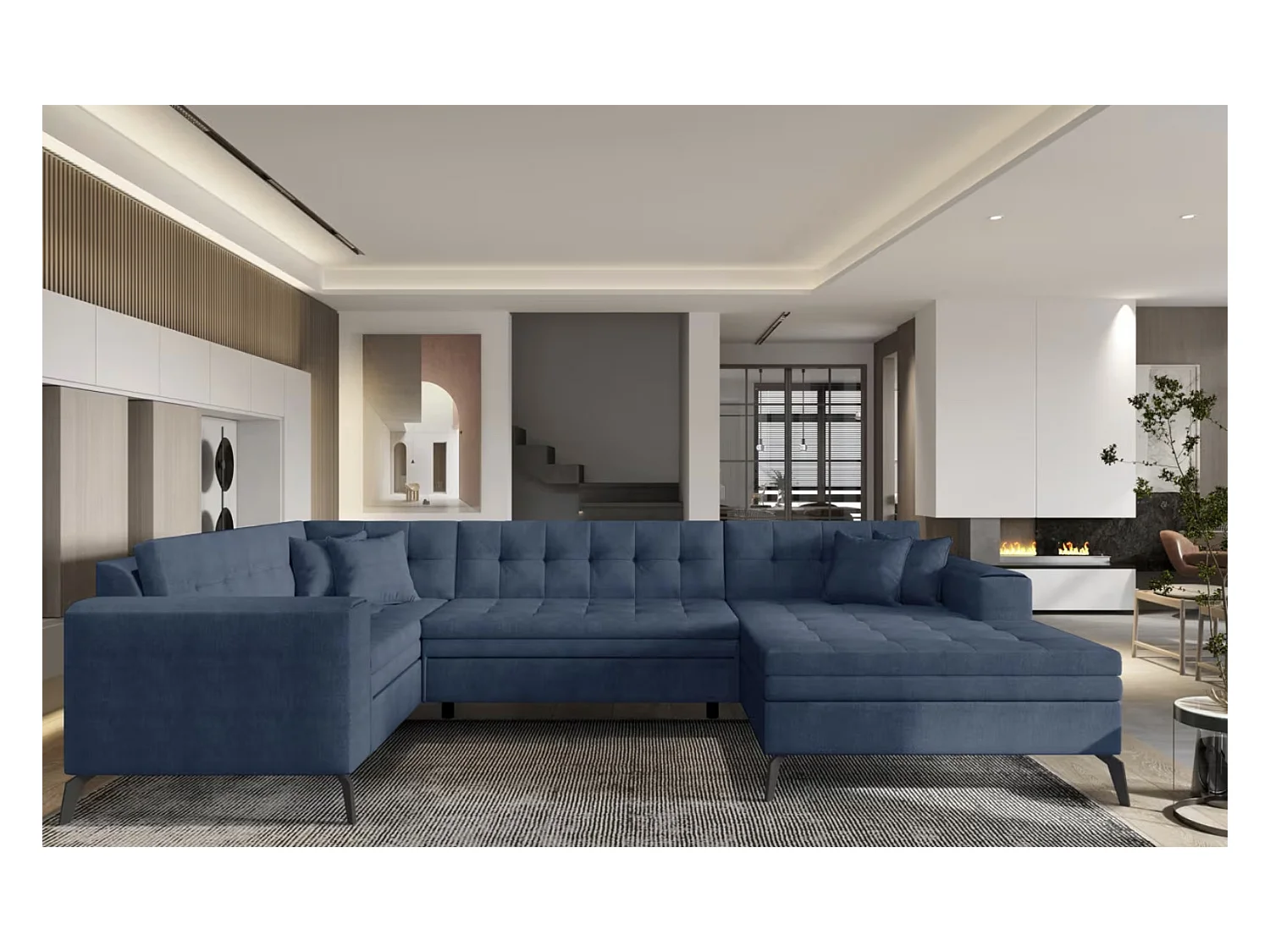 Canapé panoramique convertible BONTY tissu matelassé-Bleu charrette-Méridienne A droite