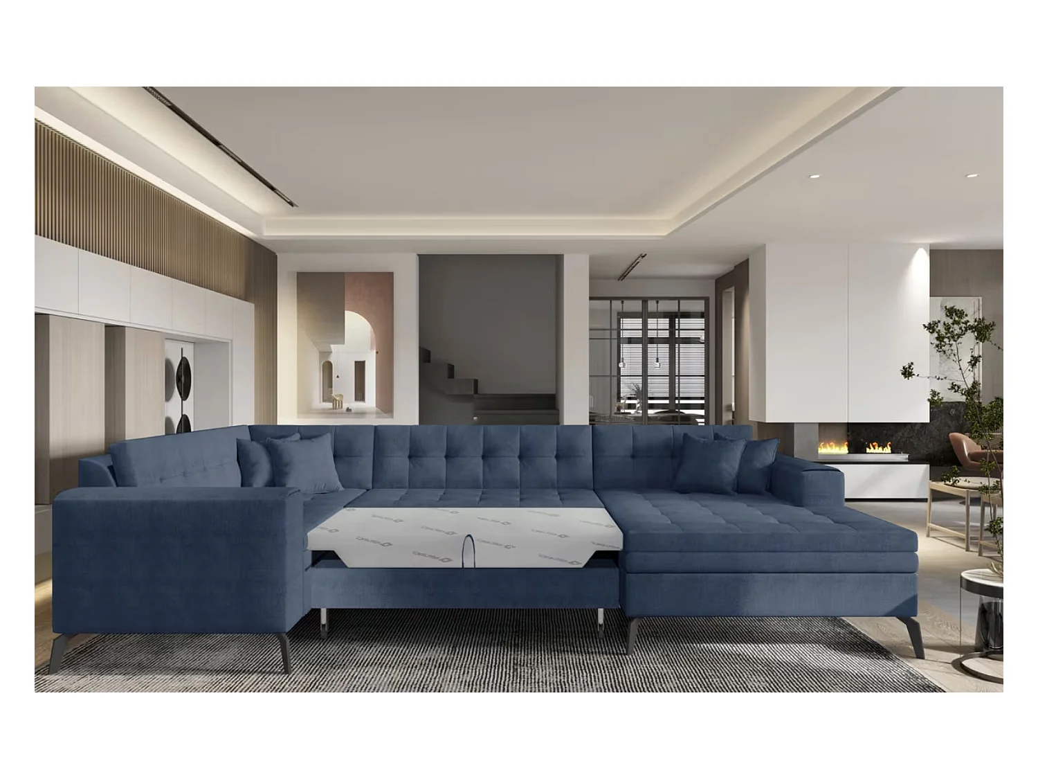 Canapé panoramique convertible BONTY tissu matelassé-Bleu charrette-Méridienne A droite