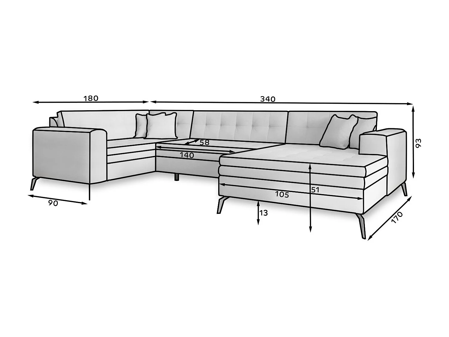 Canapé panoramique convertible BONTY tissu matelassé-Bleu charrette-Méridienne A droite