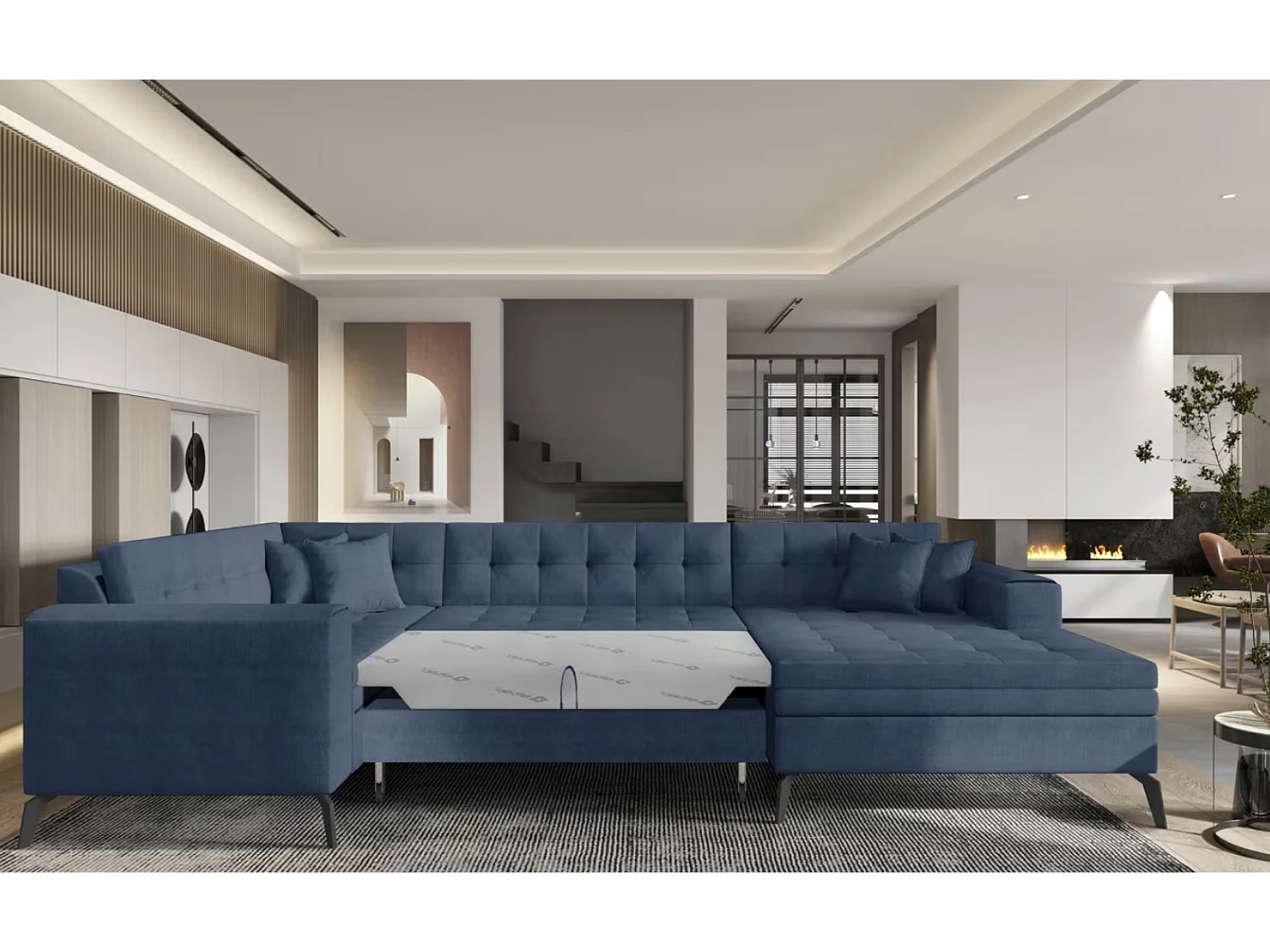 Canapé panoramique convertible BONTY tissu matelassé-Bleu charrette-Méridienne A droite