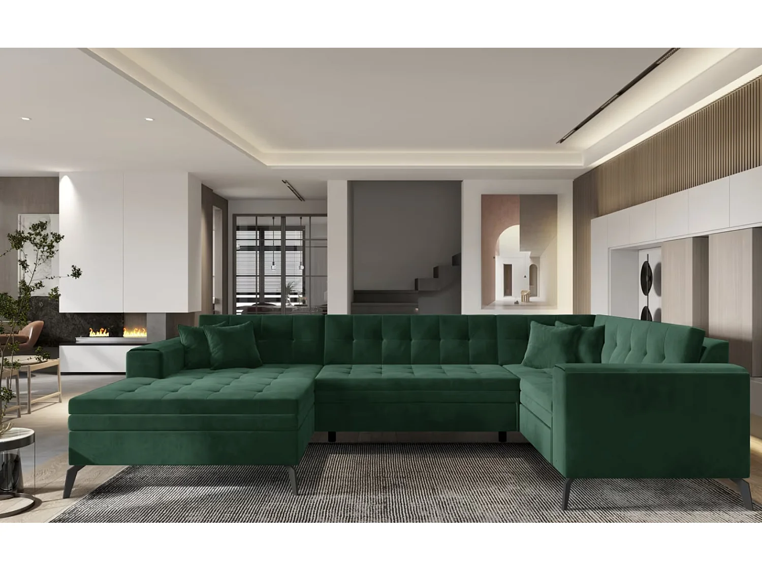 Canapé panoramique convertible BONTY tissu matelassé-Bleu charrette-Méridienne A droite